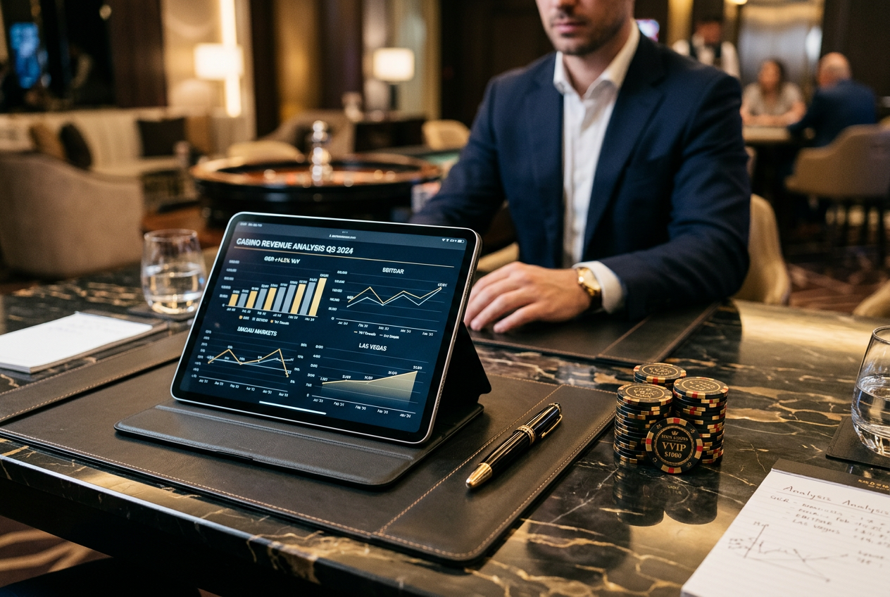A high-end tablet displaying casino metrics next to luxury casino chips.